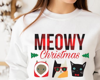 Meowy Christmas, moletom feminino de Natal, camisa xadrez Buffalo, suéter de Natal, moletom de Natal, pijama de Natal, presente para ela