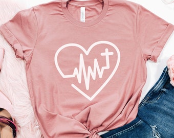Jesus Heartbeat T-Shirt, Heart Shirt, Gift For Her, Heartbeat Shirt, Christian Tee Shirt, T-Shirt for Women, Cross on Heart