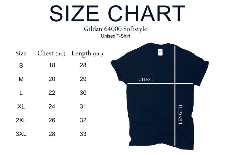 K&ouml;nnte beinhalten: Gr&ouml;&szlig;entabelle f&uuml;r ein Gildan 64000 Softstyle Unisex T-Shirt. Die Tabelle zeigt die Brust- und L&auml;ngenma&szlig;e in Zoll f&uuml;r die Gr&ouml;&szlig;en S, M, L, XL, 2XL und 3XL.