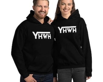 May include: Two black hooded sweatshirts with a white graphic design. The graphic is a white square root symbol with the word "YHWH" inside.