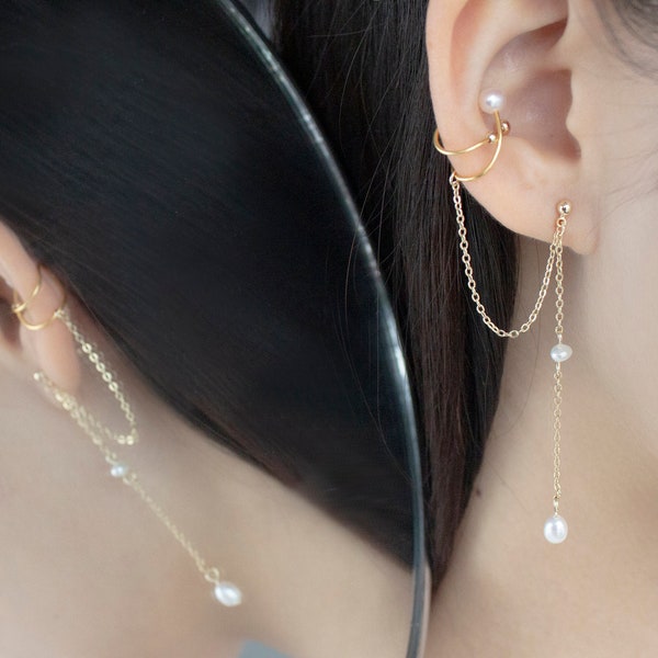 Einzigartiger Ear Cuff mit Tropfen Ohrringen | Gold Ohrmanschette mit Perlen | Kette Ohrmanschette | Kettenohrringe | Minimalistische Ohrringe | 14k gold filled