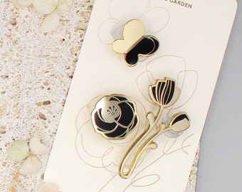 Minimal Garden Pin Collection (Black) /Minimal botanical Enamel pin/ floral design Brooch/ Wedding Flower Lapel Pin/ Minimal Floral pin set