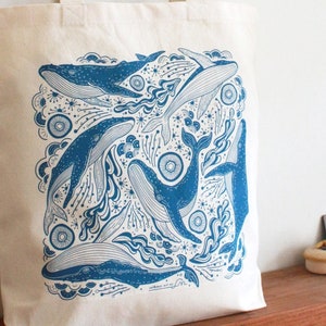 Whale, and the Ocean Canvas Tote bag / Humpback Whale Organic Cotton Bag/ Eco-friendly bag/ Everyday bag