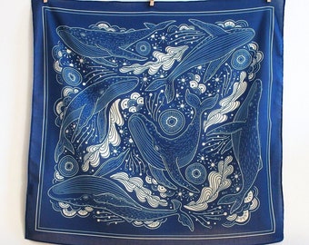 Whale, and the Ocean Bandana Scarf (Navy) 22"x22" / Soft, Breathable Cotton Bandana/ 100% Cotton Bandana Scarf/ Humpback Whale Tapestry