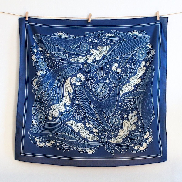 Whale, and the Ocean Bandana Scarf (Navy) 22"x22" / Soft, Breathable Cotton Bandana/ 100% Cotton Bandana Scarf/ Humpback Whale Tapestry