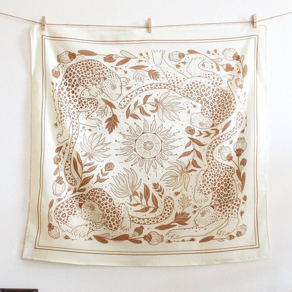 Leopard, and the Sun Bandana Scarf (Off-White/Brown) 22"x22" / Soft, Breathable Cotton Bandana/ 100% Cotton/ Spring Scarf/ Leopard Tapestry