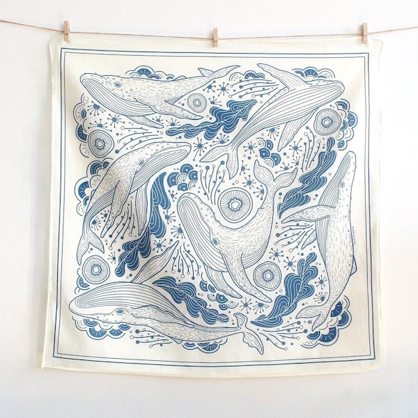 Whale, and the Ocean Bandana Scarf (Off-White) 22"x22" / Soft, Breathable Cotton Bandana/ 100% Cotton Spring Scarf/ Humpback Whale Tapestry