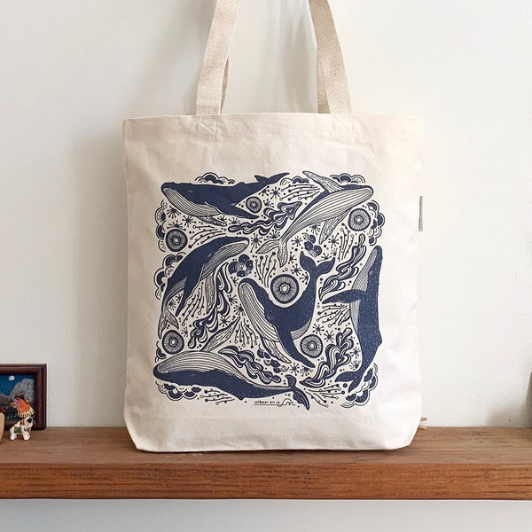 Whale, and the Ocean Canvas Tote bag / Humpback Whale Organic Cotton Bag/ Eco-friendly bag/ Everyday bag