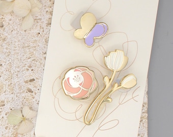 Minimal Garden Pin Collection /Minimal botanical Enamel pin/ floral design Brooch/ Wedding Flower Lapel Pin/ Minimal Floral pin set