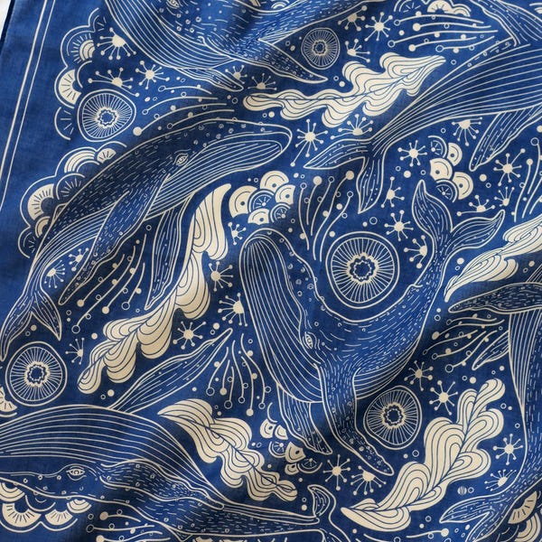 Bufanda bandana de ballenas (azul marino), 55 x 55 cm, tapiz de algodón suave con diseño de ballenas.