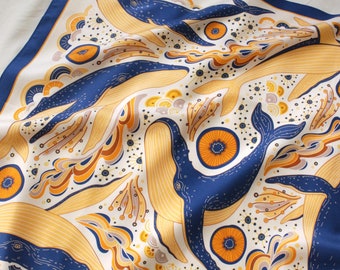 Whale, and the Ocean Silk Twill Scarf 21"x21" | Premium Mulberry Silk Scarf | 100% Silk Bandana | Humpback Whale Scarf | Silk Neckerchief