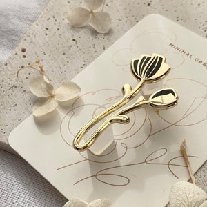 Black Peony Enamel Pin: Gold-Plated Minimal Flower Brooch