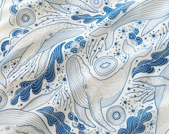 Lenço bandana com estampa de baleia e oceano (branco-sujo) 56 cm x 56 cm, tapeçaria de algodão macio com arte de baleia jubarte, lenço de cabeça