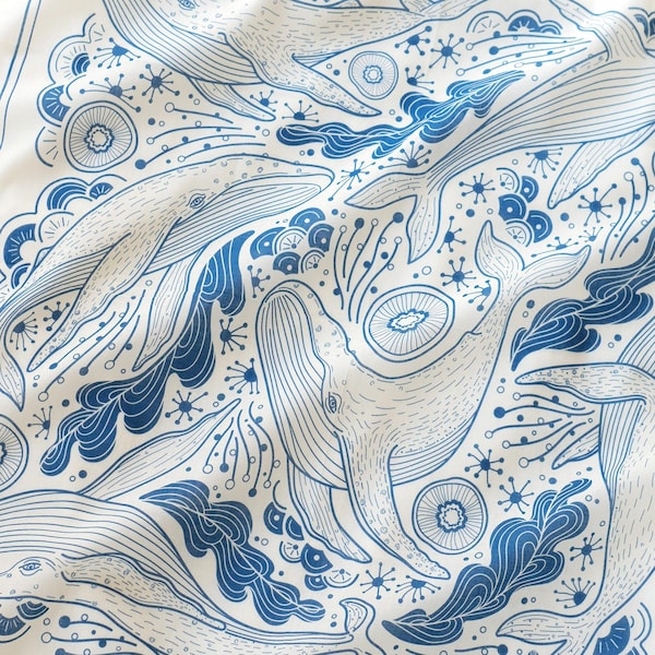 Whale Ocean Bandana Scarf (Off-white) 22"x22", Soft Cotton Humpback Whale Art Tapestry, Kerchief