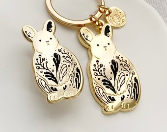 Bunnt Rabbit Enamel Keychain+ Pin Set: Gold-Plated Bag Charm, Brooche