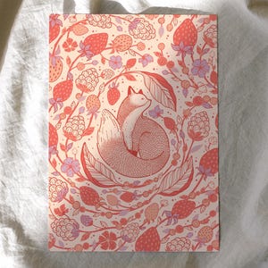 Carte postale impression d'art Fox&Berry 5 x 7 | postale de renard et de baie | Impression d'art renard | postale de baies | Impression d'art renard et baies | Impression d'art botanique