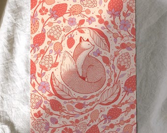 Fox&Berry Art Print briefkaart 5 x 7 | Briefkaart vos en bes | Fox-kunstafdruk | Briefkaart Bes | Kunstprint vos en bes | Botanische kunstafdruk