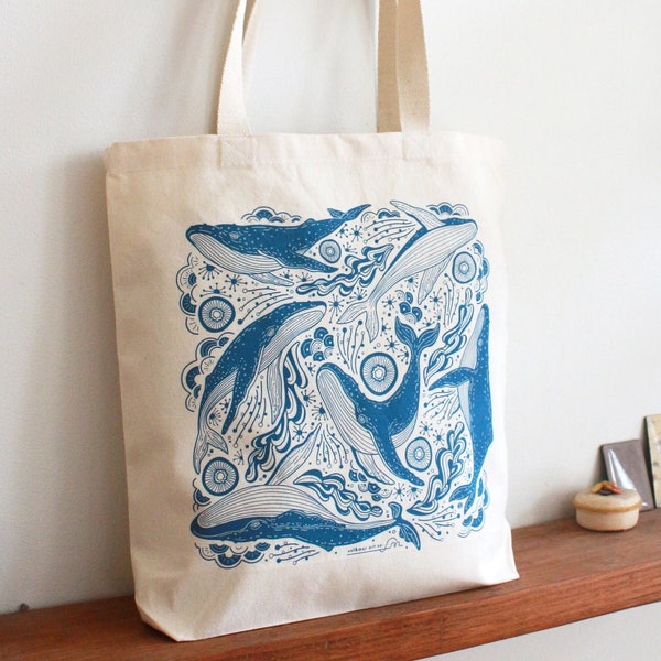 Whale, and the Ocean Canvas Tote bag / Humpback Whale Organic Cotton Bag/ Eco-friendly bag/ Everyday bag