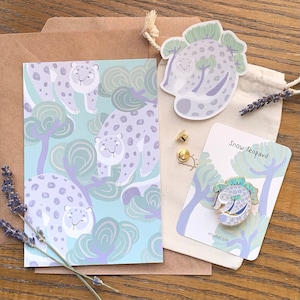 Snow leopard enamel pin + Sticker + Postcard Set / Snow leopard Lapel pin + Vinyl Sticker+Art Print /Special Gift set