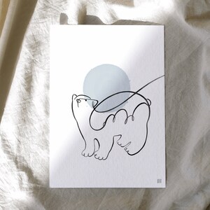 Carte postale artistique en une ligne ours polaire 4 x 6 cm | Carte postale ours polaire | Impression d'art ours polaire | Art pour enfants et chambre de bébé | Carte postale avec impression d'art animalier