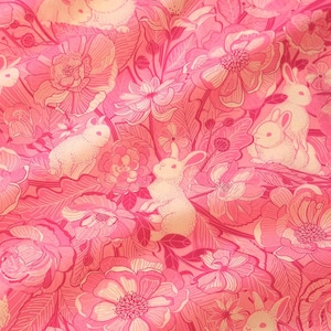 Floral Bunny Cotton Bandana Scarf (Pink) 22"x22", Rabbit and Flower Art Kerchief, Tapestry