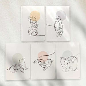 5er Set Tier One Line Kunst Postkarte 4"x6 | Grußkarten | Kunst Postkarten | Kinder & Kinderzimmer Kunst | Tier Kunstdruck Postkarte