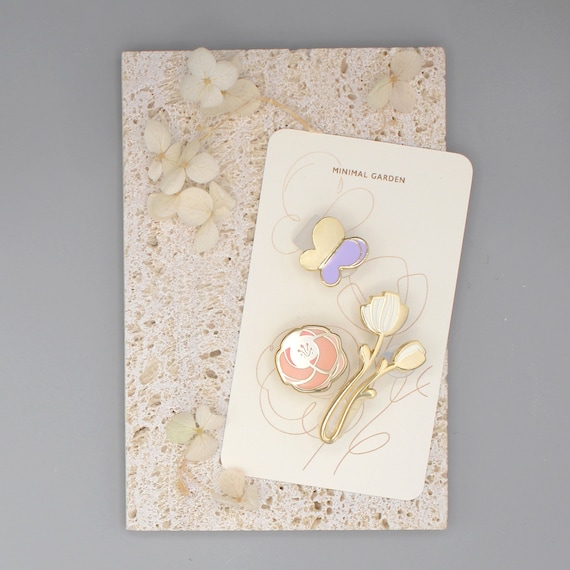 Minimal Flower Enamel Pin Set (Color), Rose, Peony, Butterfly Brooches