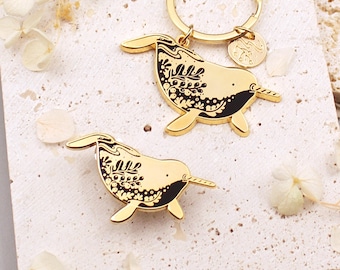 Narwhal Enamel Keyring + Pin set/ 3% donation with purchase to WWF/ Narwhal keychain/ Narwhal pin/ Whale keychain/ Whale pin