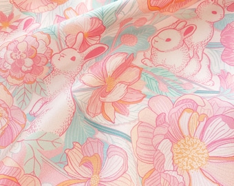 Floral Bunny Mulberry Silk Twill Scarf 21"x21", Bunny Rabbit Silk Bandana, Headscarf, Neckerchief