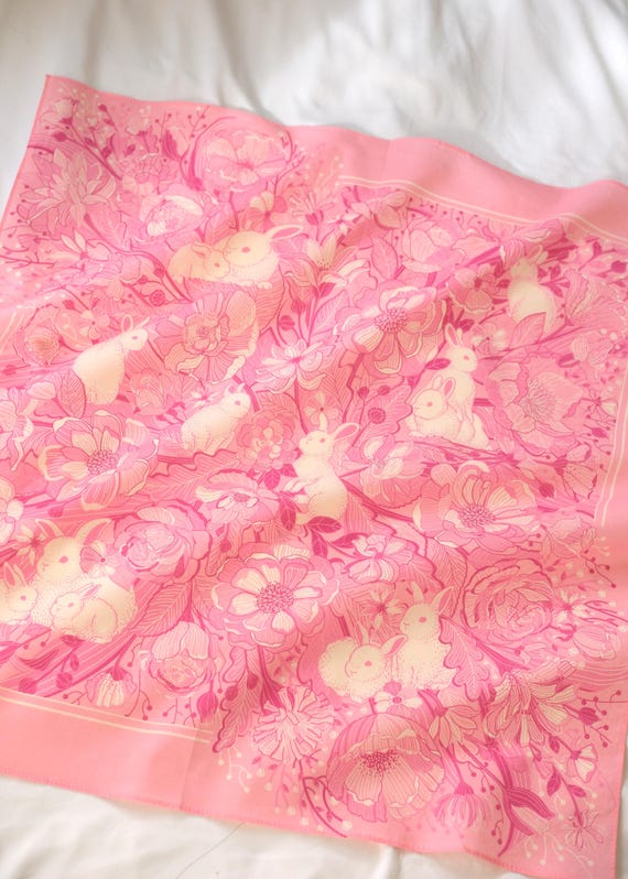 Floral Bunny Cotton Bandana Scarf (Pink ) 22"x22", Rabbit and Flower Art Kerchief, Tapestry