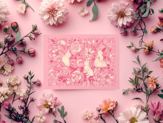 Floral Bunny Art Print Postcard, Botanical Rabbit Illustration  5"x7"
