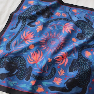 Leopard, and the Sun Silk Twill Scarf 21"x21" | Premium Mulberry Silk Bandana Scarf | Leopard Square Silk Scarf | Silk Neckerchief