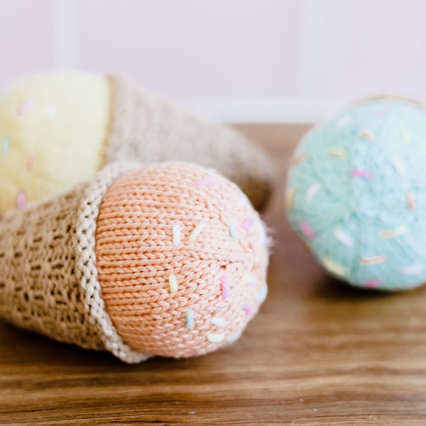 Knitted Ice Cream Cone Baby Rattle - PDF Knitting Pattern, Easy to Follow, Seamless, Knit in the Round, Downloadable, Children’s Toy