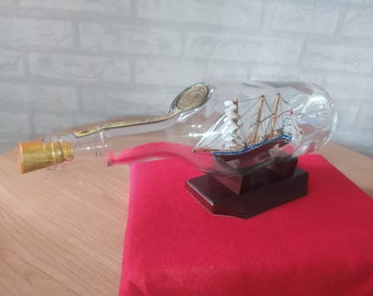 Dewaruci Ship in a bottle, Miniature Dewaruci ship, Miniature sailing ship with 750ml martel vshop bottle