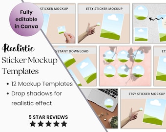 Etsy Stickers Mockup Bundle | Etsy Listing Images | Editable Canva Template | Editable Sticker Sheet Mockup with Hand, Laptop