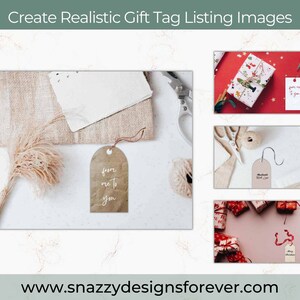 May include: A flat lay featuring gift tags with the text "from me to you" and other designs. The tags are on a white surface with decorative elements like dried flowers, twine, and scissors. The image is promoting gift tag listing images.