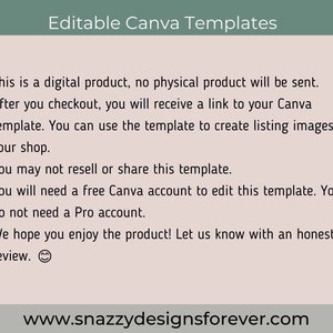 May include: A digital product image with the text "Editable Canva Templates." The image includes bullet points explaining the product's nature, usage, and terms. The website address www.snazzydesignsforever.com is also visible.
