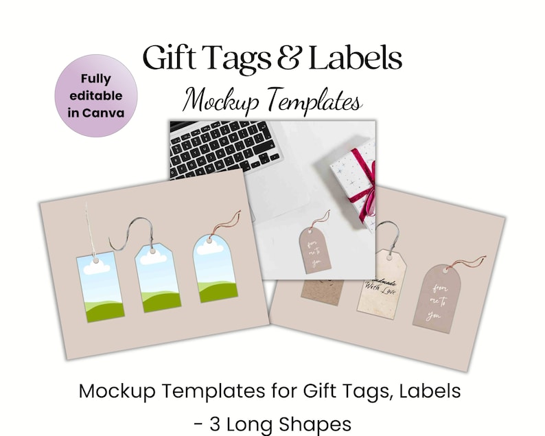 May include: Mockup templates for gift tags and labels. The image shows three long tag shapes with landscape designs, and three other tags with text. The text in the image says "Gift Tags & Labels" and "Mockup Templates".