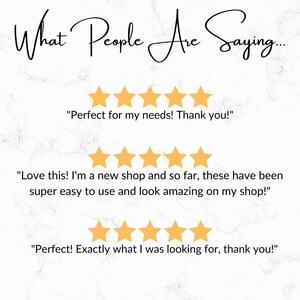 May include: Image with the text "What People Are Saying..." in a cursive font. Below are three customer reviews with five-star ratings. The background has a marble texture.