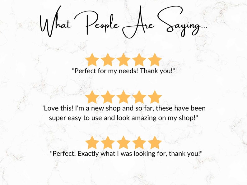 May include: Image with the text "What People Are Saying..." in a cursive font. Below are three customer reviews with five-star ratings. The background has a marble texture.