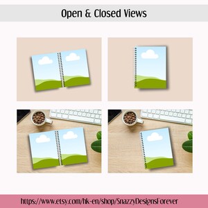 May include: Notebooks with a blue sky and green landscape design, shown open and closed. The notebooks have a spiral binding. The image also shows a keyboard, coffee cup, and plant on a wooden surface. Text at the top reads "Open & Closed Views".