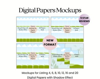 Digital Papers Mockup Bundle for Listing 4, 6, 8, 10, 12, 16 and 20 Digital Papers with Shadow Effect | Editable Canva Template Designs