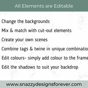 May include: Image with text: "All Elements are Editable." Bullet points describe features: change backgrounds, mix & match elements, create scenes, combine tags & twine, edit colors, and edit shadows. Website address: www.snazzydesignsforever.com.