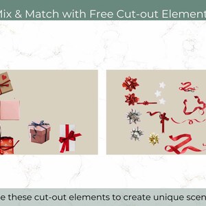 May include: An image featuring gift boxes and decorative elements. The boxes are in various colors and patterns, adorned with ribbons and bows. Additional elements include red, silver, and gold bows, star shapes, and ribbons. Text reads: "Mix & Match with Free Cut-out Elements."