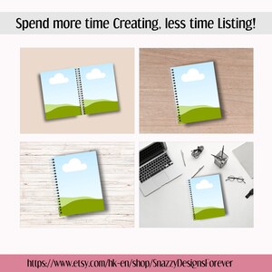 May include: Notebooks with a sky and landscape design are displayed in various settings. The notebooks have a spiral binding and feature a blue sky with a white cloud and green rolling hills. The image also includes a laptop, pens, and glasses.