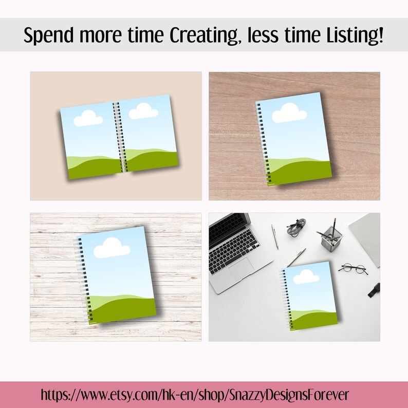 May include: Notebooks with a sky and landscape design are displayed in various settings. The notebooks have a spiral binding and feature a blue sky with a white cloud and green rolling hills. The image also includes a laptop, pens, and glasses.