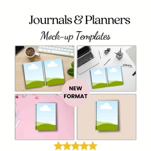 May include: An image showcasing four mock-up templates for journals and planners. Each template features a spiral-bound notebook with a landscape design of a blue sky, white clouds, and green hills. The text "Journals & Planners Mock-up Templates" is displayed at the top.