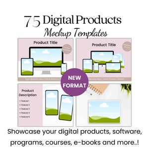 Pode incluir: Modelos de maquete para produtos digitais, software, cursos e livros eletrônicos. A imagem mostra uma tela de computador, um tablet e um telefone que exibem uma paisagem verde com nuvens. O texto "Product Title" e "Product Description" é visível.