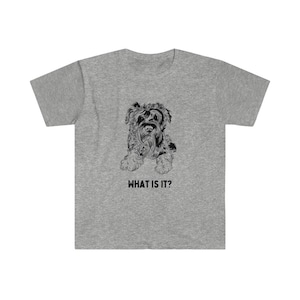 May include: A gray t-shirt with a black and white illustration of a Schnauzer dog. The text "WHAT IS IT?" is printed below the dog.