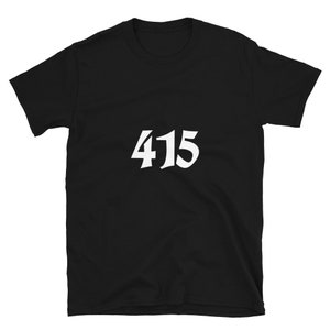 Könnte beinhalten: Schwarzes T-Shirt mit weißem Text "415".